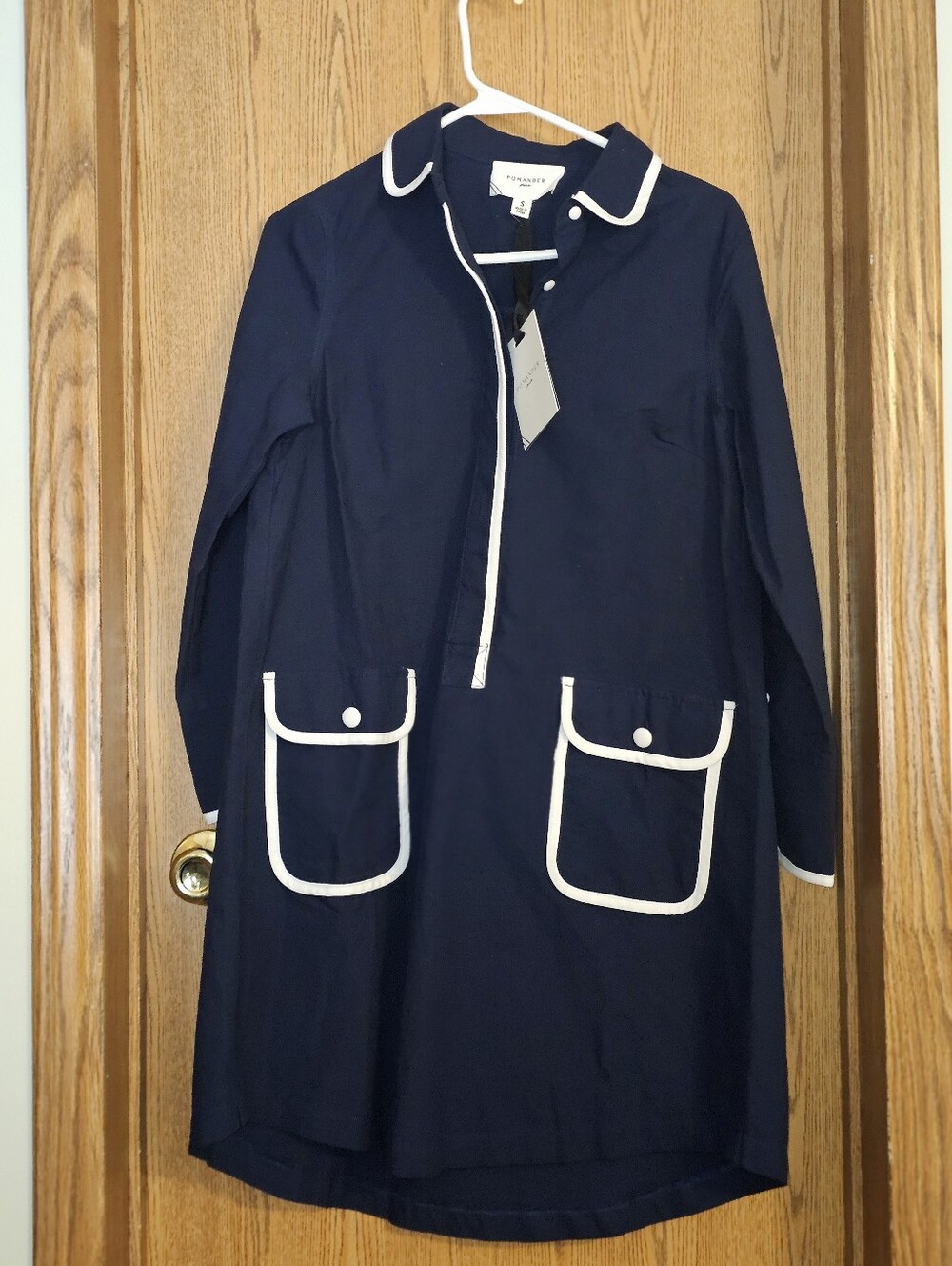 Pomander Place Navy Blue Mini Dress with White Trim